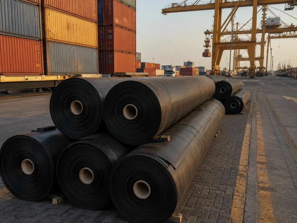 Black HDPE geomembrane rolls loaded into a shipping container for export from Dubai
